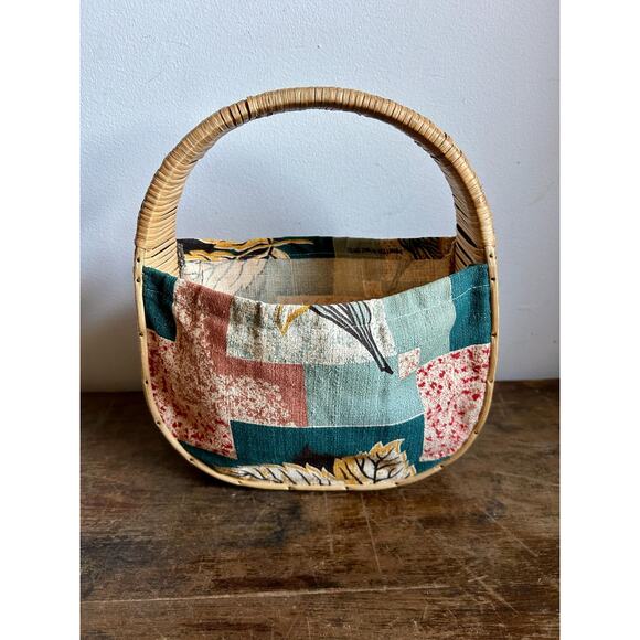 Vintage Rattan and Barkcloth Top Handle Purse | 70's Purse Handbag - Picture 5 of 9